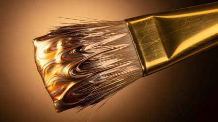Paintbrush with golden paint on brown background, close-upの素材