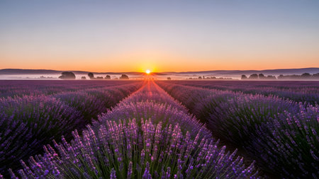 Sunset over lavender fields in Provence, France.の素材
