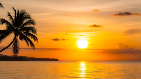 Silhouette coconut palm tree on the beach at beautiful sunset time - Holiday Vacation conceptの素材