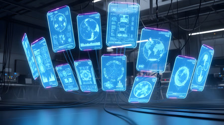 Futuristic holographic projection of a mobile phone in a modern office 3D renderingの素材