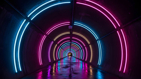Interior of a tunnel with colorful neon lights. Abstract background.の素材
