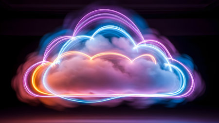 abstract cloud with neon lights on dark background, 3d renderの素材