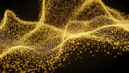 Abstract golden particles wave on dark background. 3d render illustration.の素材