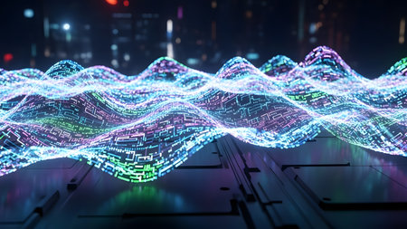 3D rendering of abstract digital data flow on the background of the cityの素材
