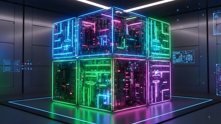 3D rendering of a Futuristic Sci-Fi Room with Neon Lightsの素材