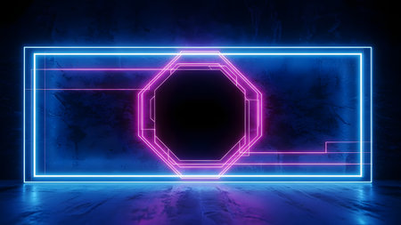 Neon geometric background. 3d rendering, 3d illustration.の素材