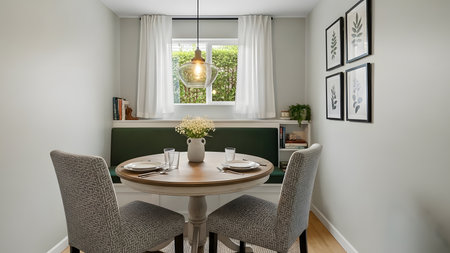 Interior of modern dining room with table and chairs. Nobody insideの素材