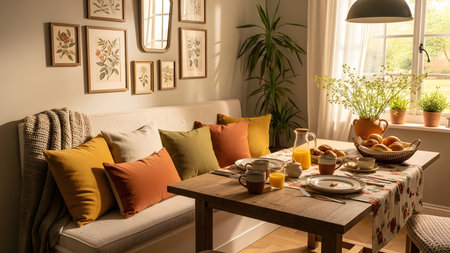 interior of living room with sofa, coffee table, orange juice and croissantsの素材