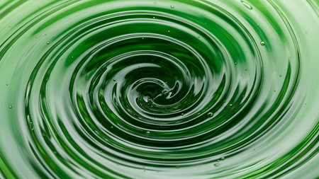 close up of green water drop splashing and ripples on surfaceの素材