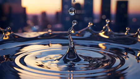 Falling drops of water. Splash effect after collision a falling drops with water Surfaceの素材