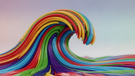 colorful rainbow ribbon on blue sky background. 3d illustration.の素材
