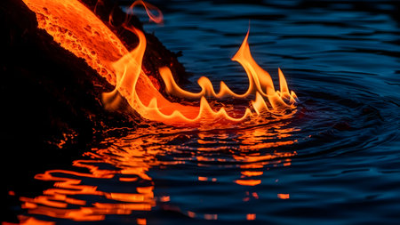 Fire flames on dark water background. Fire flames on dark water backgroundの素材