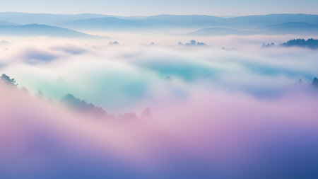 Foggy morning in the Carpathian mountains, Ukraine.の素材