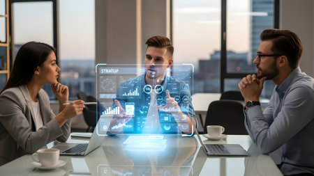 business, technology and people concept - smiling businessman and businesswoman working with virtual screens in officeの素材