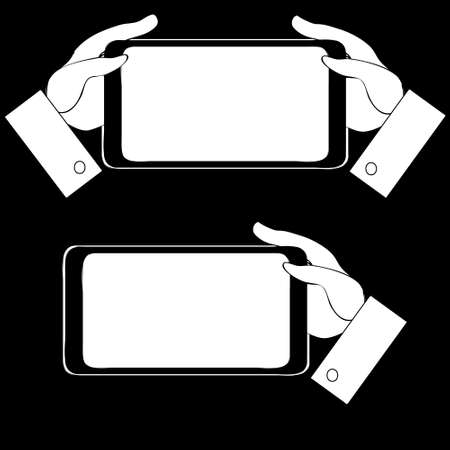 Hands hold telephone ,advertisement ,business card, price tag,Black ,white colorのイラスト素材
