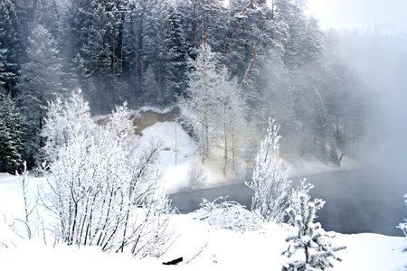 Steep snow-covered river banks are covered with coniferous forest. Clear frosty sky. Fog rises from the water.の写真素材