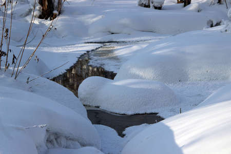 Areas of open water among the snow drifts close-up.の写真素材
