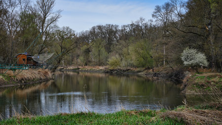 The confluence of the Morava and Dyje rivers near the town of Sekule, Slovakiaの写真素材