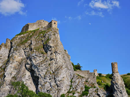 The ruins of the castle Devin from the period of Great Moravia on a high rock, Slovakiaの写真素材