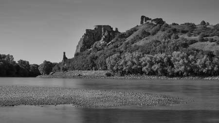Devin castle ruins and Danube river in Slovakia in black and white
