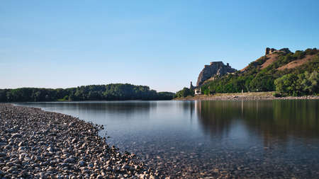 Devin castle ruins and Danube river in Slovakiaの写真素材