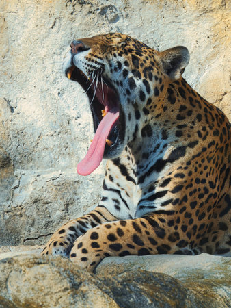 A yawning jaguar outsideの写真素材