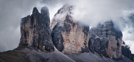 Tre Cime di Lavaredo in close up panorama, Dolomites, Italy