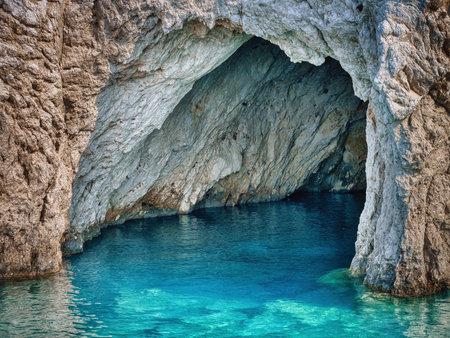 A sea cave in the rocky coast of Zakynthos, Greeceの写真素材
