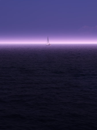 Strong light beyond the horizon on the sea in the morning and a small sailboat, minimalism in Greeceの写真素材