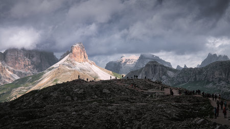 Beautiful Dolomites mountains and lots of tourists, Italy