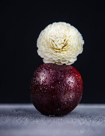 Red apple with white flower on a black background. Shallow depth of field.の写真素材