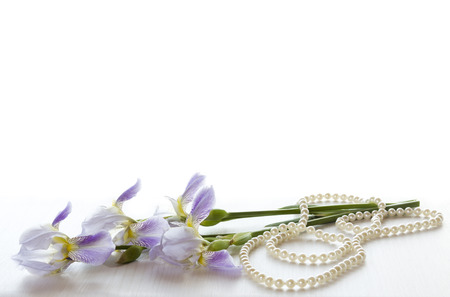 Delicate purple iris on a white table. Flowers for the belovedの写真素材