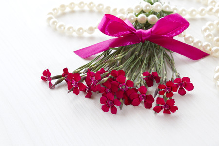 Red carnations and a pearl necklace on a white table.の写真素材
