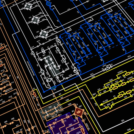 Fragment of an electrical circuit on a dark background.の写真素材