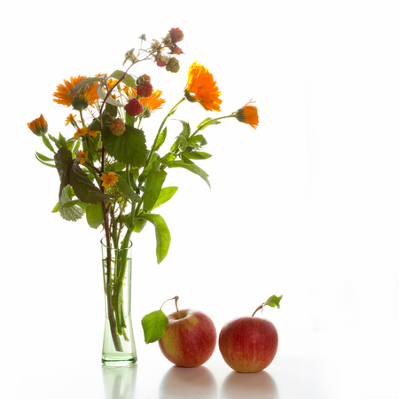 Autumn bouquet in a vase and an apple on a white background.の写真素材
