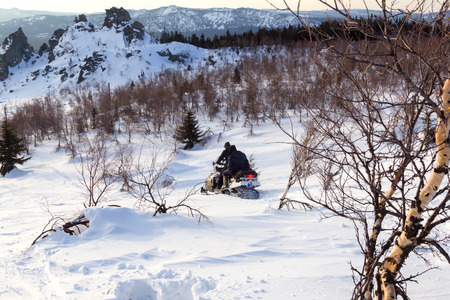 Walk on snowmobiles in the mountains of the Southern Urals.の写真素材