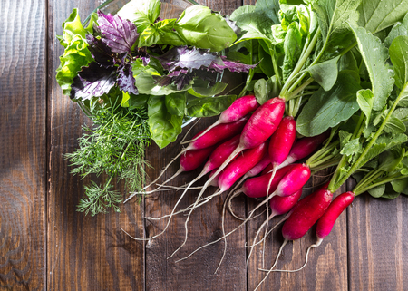 A bunch of radish, basil and lettuce in the background.の写真素材