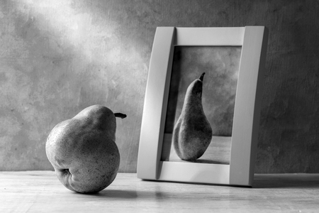 The thick pear admires a portrait of a slender pear.の写真素材