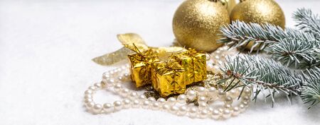 Christmas decorations lying on a light background. Copy space.の写真素材