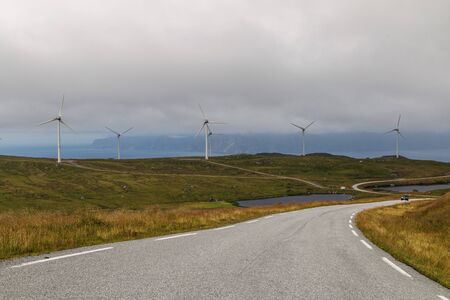 Scenic view of the fjord and wind generators in Norway.