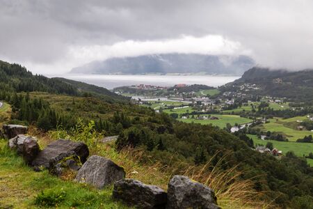 Scenic view of the fjord and the village of Norway.の写真素材