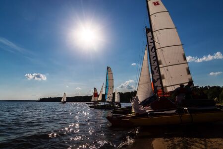 Novosibirsk, Russia, - July 2019. Sailing regatta among small collapsible vessels.の写真素材