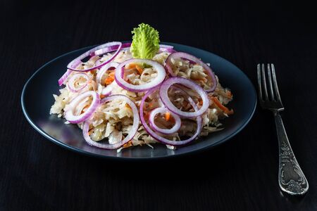 Homemade sauerkraut with carrots and red onions.の写真素材