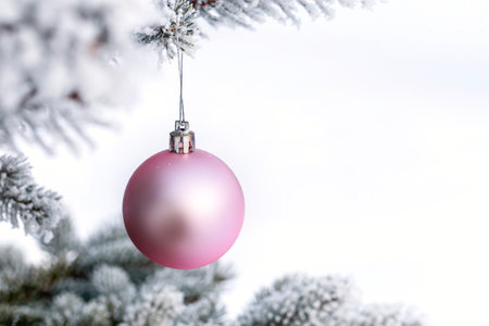 Pink Christmas balls on a pine branch covered with frost. Christmas card. Copy Space for text.の写真素材