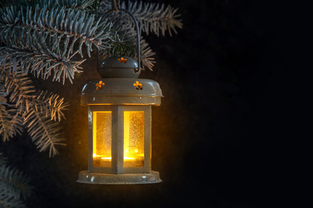 Lantern candlestick on a night background. Copy space.の写真素材