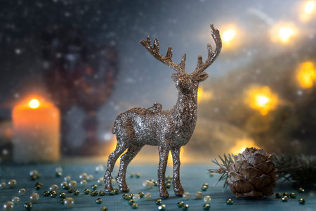 Christmas card with a garland and Christmas decorations. Copy space.の写真素材