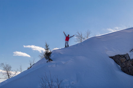 An athlete on the slope of a mountain range in the Urals.の写真素材