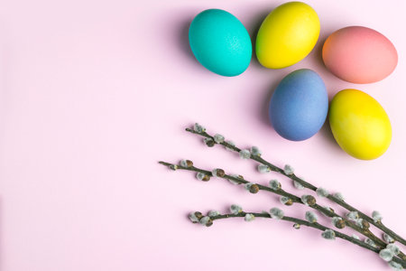Easter eggs on a white background with copy space.