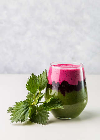 Delicious dessert with black currant interlayer, nettle and currant smoothie. Dessert is served in a glass with a spoon.の写真素材