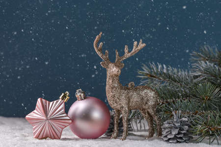 Christmas card with a candle and Christmas decorations. Copy space.